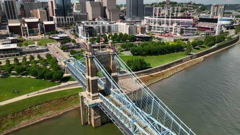 Aerial-reveal-of-downtown-Cincinnati-over-the-John-A