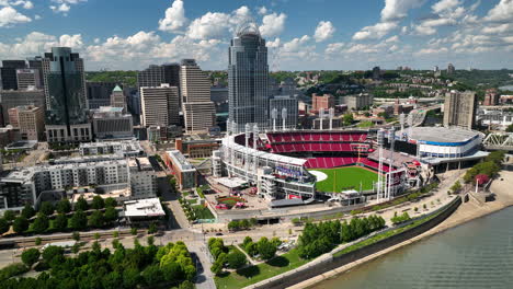 Aerial-approach-of-the-Great-American-Ballpark-in-Cincinnati,-Ohio