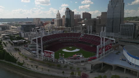 Aerial-view-over-the-Great-American-Ballpark-in-downtown-Cincinnati,-Ohio