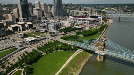 Aerial-approach-and-reveal-of-Downtown-Cincinnati,-Ohio