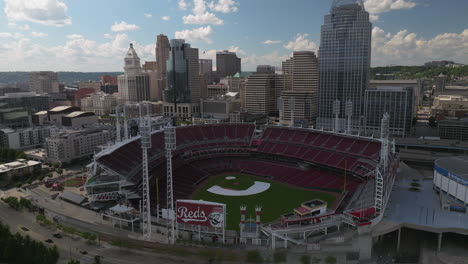 Aerial-reveal-of-Great-American-Ballpark-and-downtown-Cincinnati-in-Ohio