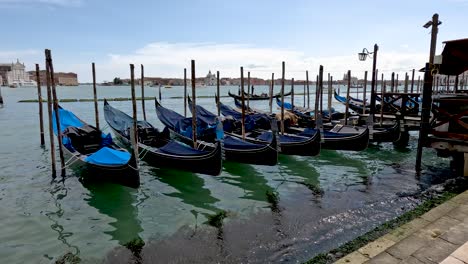 Queue-of-empty-blue-gondolas-anchored-in-one-of-Venice's-canals