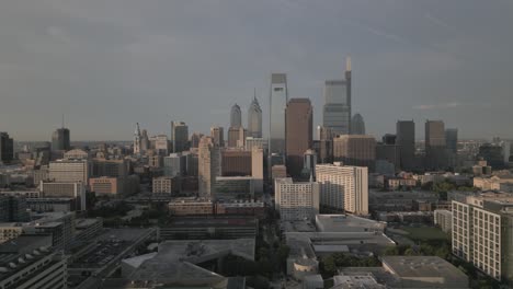 4K-drone-moving-down-Philadelphia,-PA-downtown-city-skyline