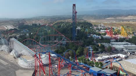 Six-Flags-Magic-Mountain-amusement-park-with-no-people---rising-aerial-reveal