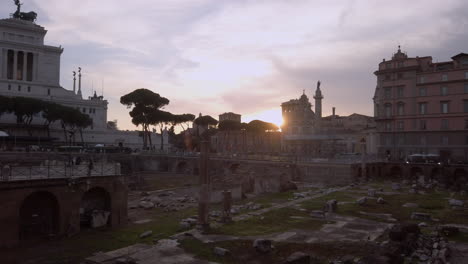 Wide-pan-of-Roman-Forum-ruins-at-sundown