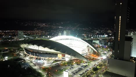 SAN-JOSE,-COSTA-RICA---MARCH-28,-2023:-the-Estadio-Nacional-,-La-Sabana-Metropolitan-Park,-brightly-lit