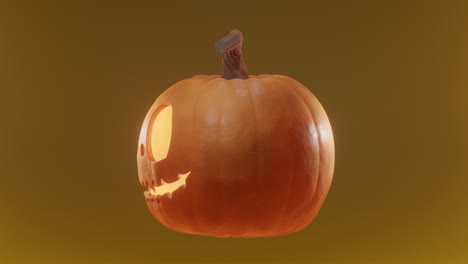 Calabaza-De-Halloween-Con-Cara-Tallada-E-Iluminada-Girando-En-Un-Bucle-Infinito-Sobre-Un-Fondo-Naranja-Y-Borroso,-Representación-3d