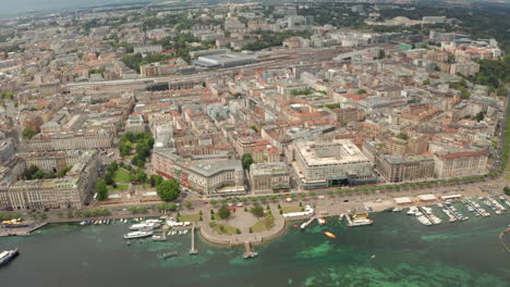 Aerial-shot-along-Lake-Geneva-promenade-water-front