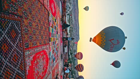 Turkish-rugs-overlooking-the-captivating-Cappadocia-horizon-and-fiery-hot-air-balloons-at-the-background