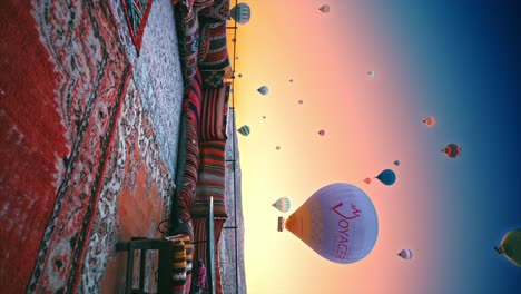 Eine-Wunderschöne-Szene-Einer-Bezaubernden-Dachterrasse-In-Kappadokien-Und-Heißluftballons,-Die-Bei-Sonnenaufgang-Im-Hintergrund-Fliegen