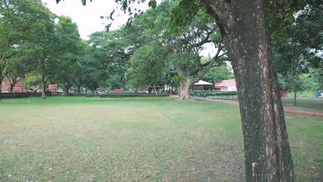 Parque-Histórico-De-Ayutthaya-En-Wat-Maha-That,-Rodeado-De-árboles-Y-Césped
