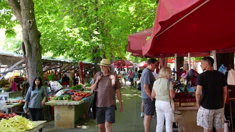 Shoppers-and-visitors-at-Pula-market-Northwestern-Croatia,-slow-motion