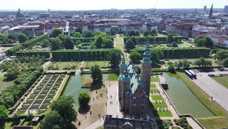 Beautiful-drone-view-of-famous-Rosenborg-Castle-in-Copenhagen-city-centre