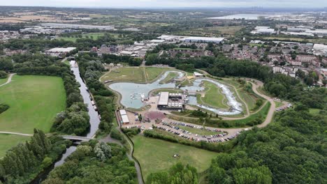 Aerial-view-orbiting-Lee-valley-white-water-centre-Olympics-training-park-in-London,-England