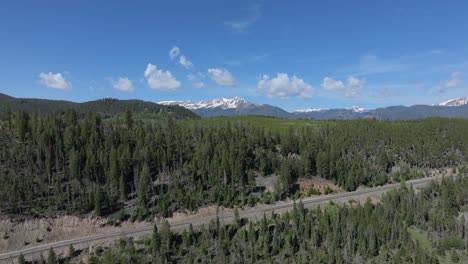 Drone-flyover-coniferous-forest-reveal-of-mountain-landscape,-Colorado-Mountains,-United-States