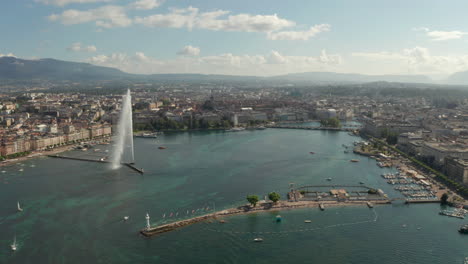 Aerial-shot-over-La-Rade-lake-towards-central-Geneva-on-a-sunny-day