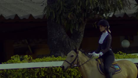 Female-equestrian-riding-in-horse-manege