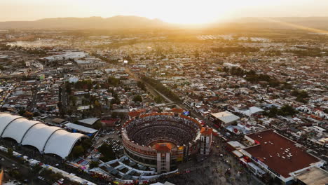 Plaza-de-Toros-stadium,-in-Aguascalientes,-Mexico---high-angle,-orbit,-drone-shot