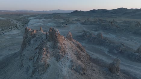 Aerial-Drone-Shot-Trona-Pinnacles-California-Desert-at-Sunset