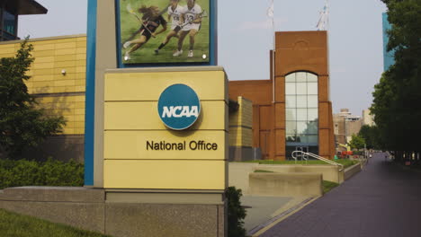 NCAA-National-Office-Signage-At-White-River-State-Park-In-Downtown-Indianapolis,-Indiana,-USA