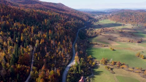 Cars-driving-through-scenic-autumn-coloured-woods-in-Slovenia-near-Postojna-and-Cerknica,-aerial-tilt-down