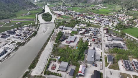 Jostedola-river-coming-from-Jostedalen-valley-and-glacier---Aerial-from-town-of-Gaupne-in-Norway