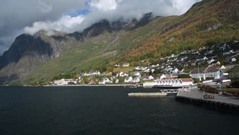 View-over-the-port-of-Aurlandsvangen-a-small-town-on-Aurlandsfjord,-Sognefjord-in-Norway