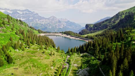 Paisaje-Verde-Y-Vibrante-Con-Agua-De-Lago-En-Los-Alpes,-Vista-Aérea-De-La-órbita