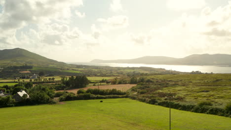 Low-aerial-shot-over-Irish-farmland-towards-the-sea