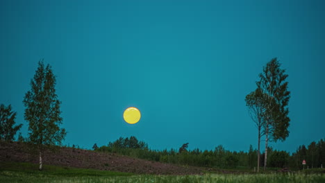 Goldener-Mond,-Der-über-Einem-Blauen-Himmel-Und-Einer-Grünen-Landschaft-Mit-Bäumen-Voranschreitet
