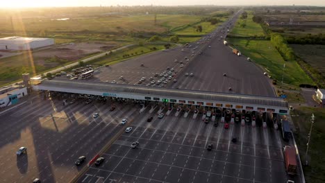 A-top-view-above-the-30-lane-Peaje-Hudson-Toll-in-Buenos-Aires,-Argentina