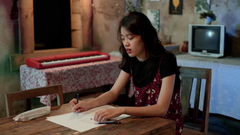 Una-Mujer-Asiática-Dibujando-En-Su-Cuaderno-De-Dibujo-En-El-Espacio-De-Su-Casa