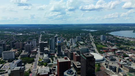 Hamilton-Ontario-aerial-drone-flyover-downtown-overlooking-the-concert-hall-with-views-of-waterfront-properties-Lake-Ontario-Canada
