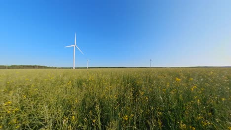 Slow-Motion-Towards-Wind-Farm-Turbines-in-the-Agricultural-Fields-on-a-Sunny-Summer-Day
