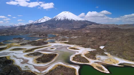 Aerial-view-over-of-Cotacotani-Lagoon,-Lauca-National-Park-in-Chile---forward-eye-bird,-drone-shot