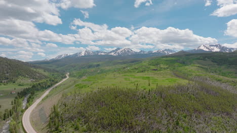 Luftbildschwenk-Links-Der-Wunderschönen-Colorado-Bergkette-Mit-Schneebedeckten-Gipfeln-An-Einem-Sonnigen-Tag-Mit-Blauem-Himmel-Im-Sommer-Mit-Grünen-Feldern,-Bäumen-Und-Berghäusern