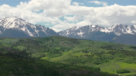 Vista-Aérea-De-Primer-Plano-De-La-Hermosa-Cordillera-De-Colorado-Con-Picos-Nevados-En-Un-Día-Soleado-De-Cielo-Azul-En-El-Verano-Con-Campos-Verdes-Y-árboles
