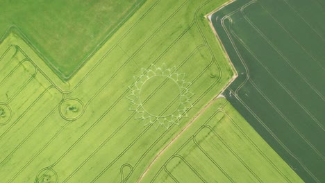 Mysterious-Paranormal-UFO-Crop-Circle-Pattern-on-Farmland,-Aerial-Drone-Top-Down-View