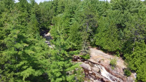 Swooping-drone-flies-behind-tall-pine-trees-to-reveal-Duchesnay-Falls,-Ontario-Canada