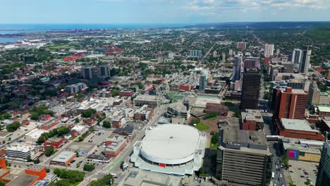 Hamilton-downtown-aerial-semi-circle-flyover-First-Ontario-Centre-drone-4k60-concert-hall-theatre-waterfront-forests-parks-sunny-summer-day-overlooking-real-estate-opportunities-to-invest-in-town