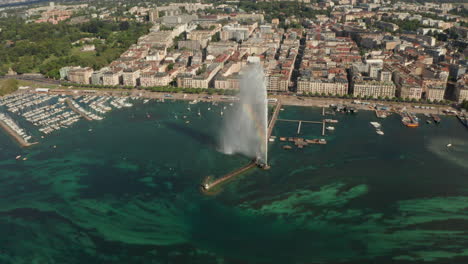 Circling-aerial-shot-of-a-rainbow-in-the-Geneva-water-fountain
