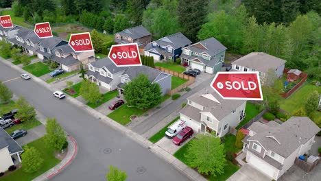 Aerial-view-of-a-suburban-neighborhood-with-"SOLD"-signs-animating-above-the-houses