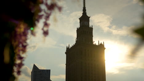 Stunning-shot-of-the-Palace-of-Culture-and-Science-in-Warsaw-during-the-setting-sun