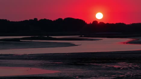 Amazing-footage,-red-sky-over-Rotterdam-and-the-calm-water-of-the-River-Noord
