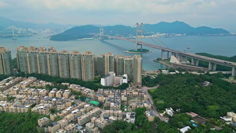 Aerial-over-Park-Island,-a-private-housing-estate,-on-Ma-Wan-island,-Hong-Kong,-China
