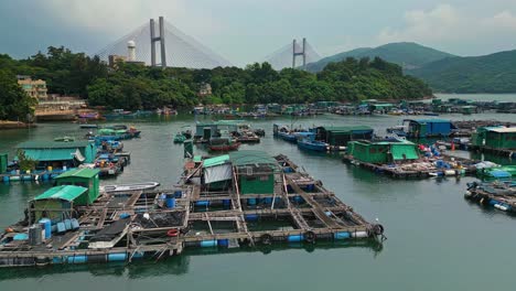 Antena-Sobre-Los-Barcos-De-Pesca-Y-Balsas-De-Las-Piscifactorías-En-La-Isla-De-Ma-Wan,-Hong-Kong,-China