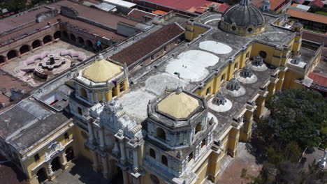 Aerial-Orbits-Sturdy-Iglesia-De-La-Merced-Church-In-Antigua-Guatemala