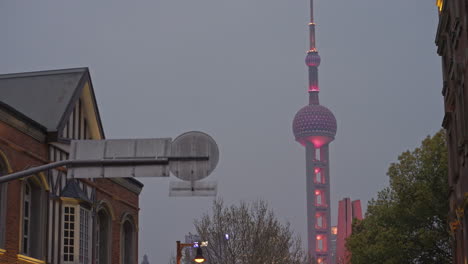 Oriental-Pearl-TV-Tower-During-Covid-19-Lockdown-of-2022-in-Shanghai,-China-at-dusk