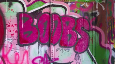 Absturzzoom-In-Eine-Mit-Graffiti-Bedeckte-Wand-Aus-Zementziegeln.-Sprühfarbe-Mit-Dem-Wort-„Brüste“-In-Großen-Rosa-Blasenbuchstaben-Versehen,-Ein-Verlassenes-Gebäude-In-Banff,-Alberta,-Kanada