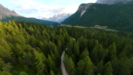 Dirt-road-surrounded-by-alpine-forest-in-a-valley-in-Cadore,-Italy,-with-the-Dolomites-mountain-range-in-the-background-at-sunset